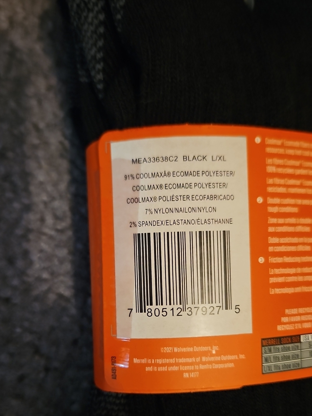 Merrell Black Rugged Steel Toe Crew Work Socks - Picture 4 of 5